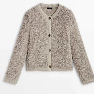 MASSIMO DUTTI NEW WOMAN Bouclé knit cardigan with buttons MINK S 5668/523